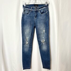 Judy Blue Mid Rise Distressed Skinny Jeans With Raw Waistband And Released Hem